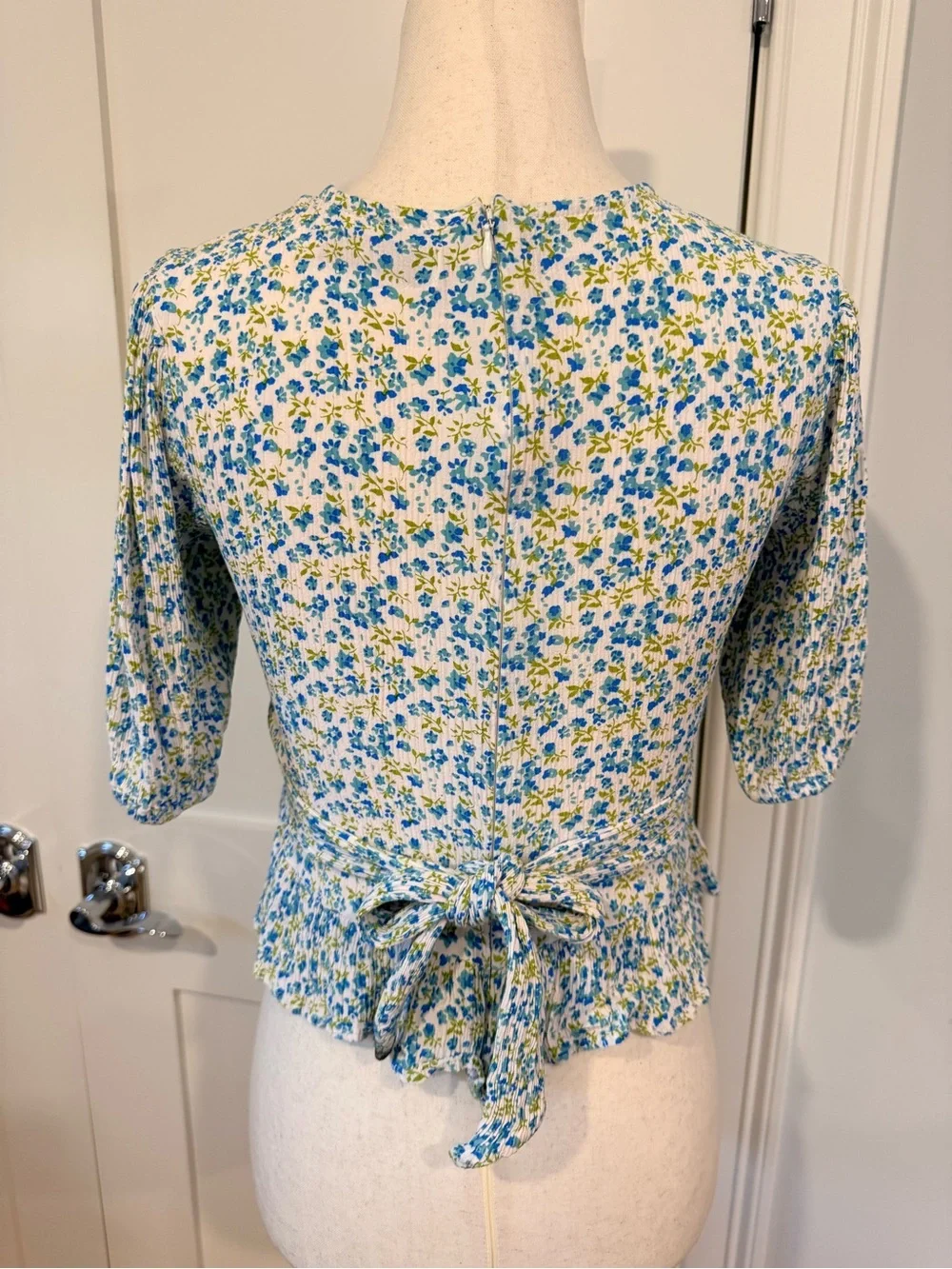 Faithfull the Brand Mona Blue and White Floral V-Neck Peplum Blouse